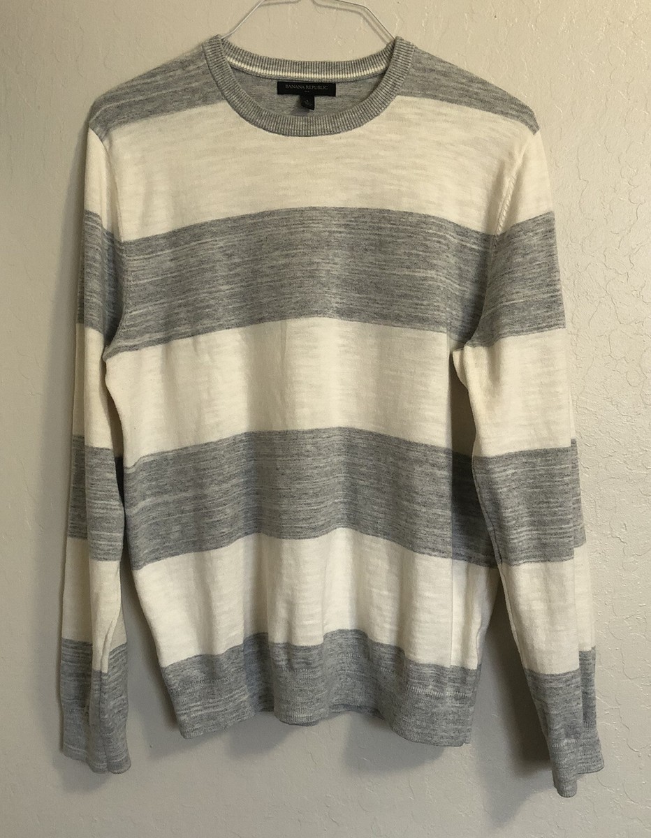 専用12② Banana Republic Sweater Mens Large Grey Cream LS Pullover Crew