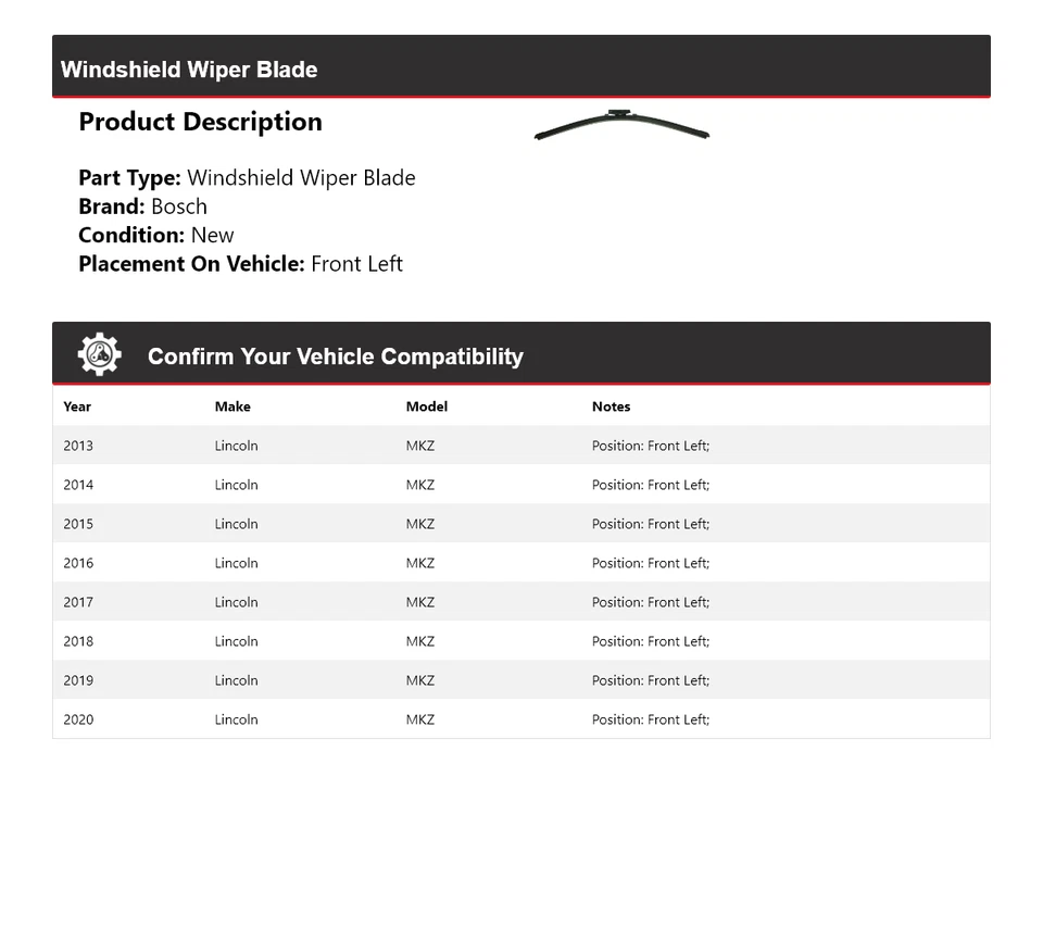 Limpiaparabrisas delantero izquierdo Lincoln MKZ 2013-2020 Bosch ICON 2014 2015 Foto 2 de 4