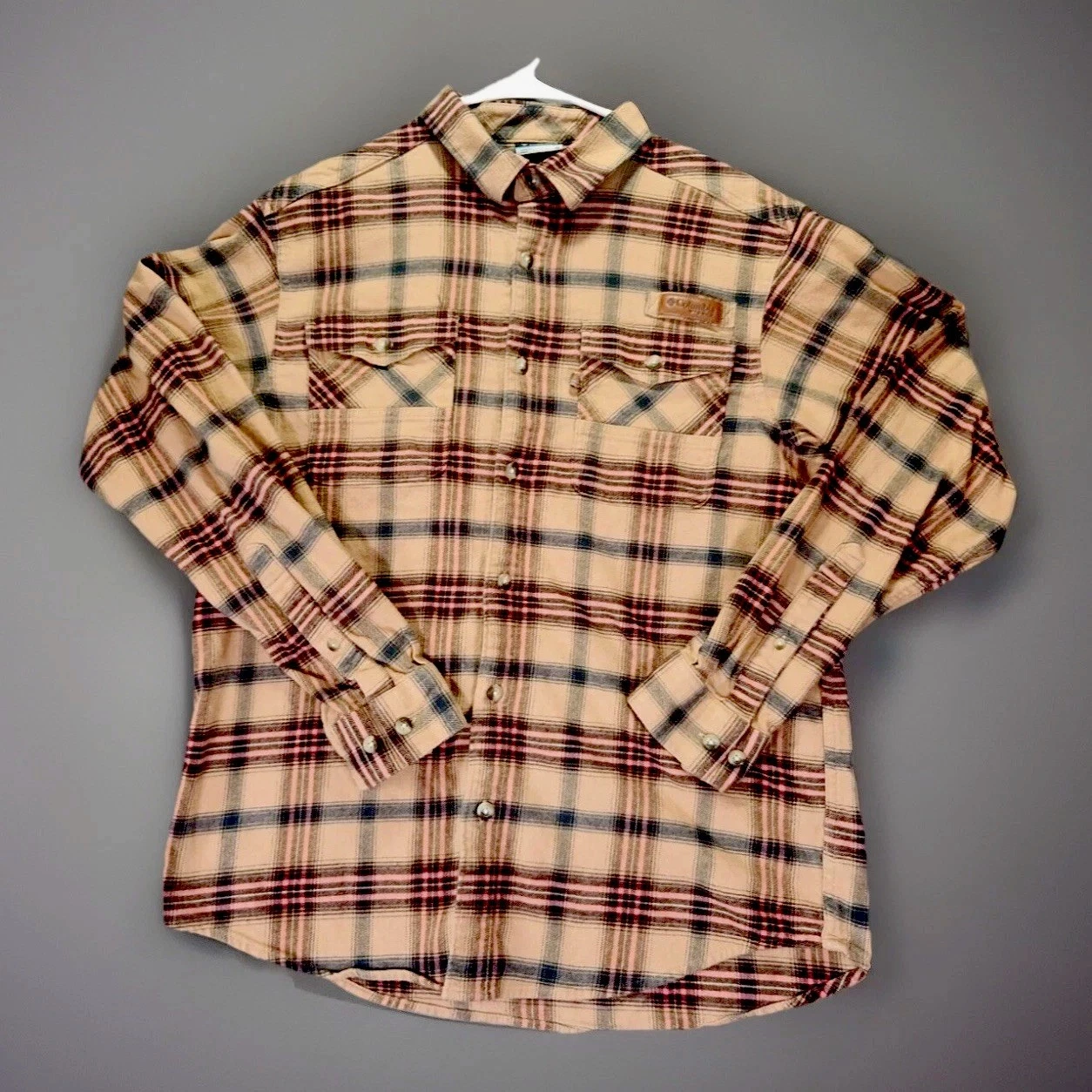 Columbia Mens PHG Flannel Shirt M Brown Pink Plaid Button Up Outdoor Hunting