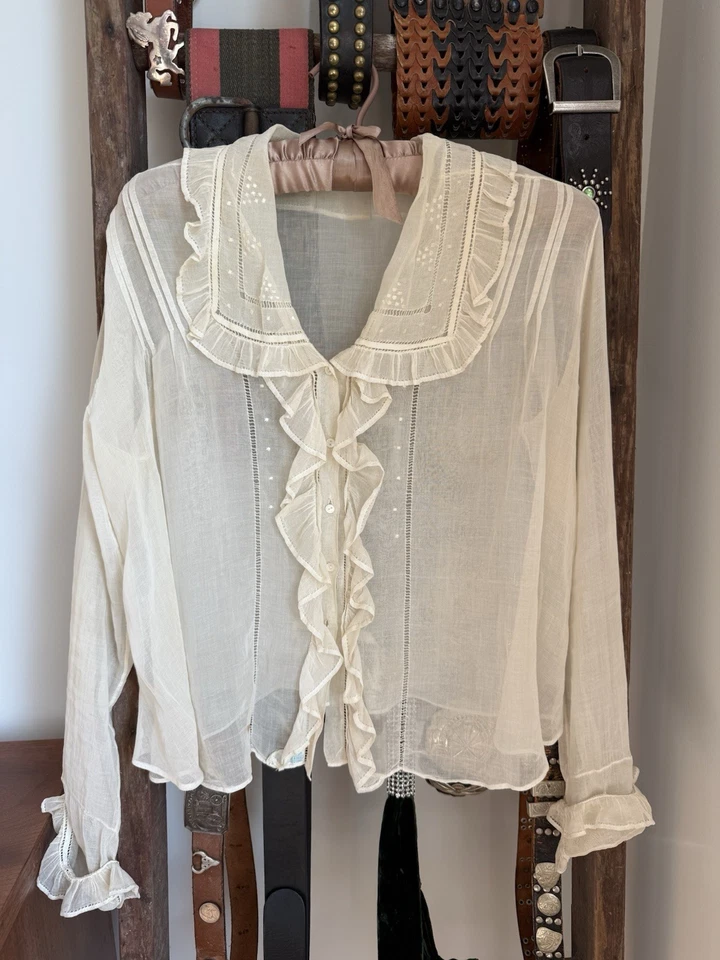 Blusa antigua eduardiana vintage de 1900 de 1920 con volantes Blue Bird París Nueva York Foto 2 de 4
