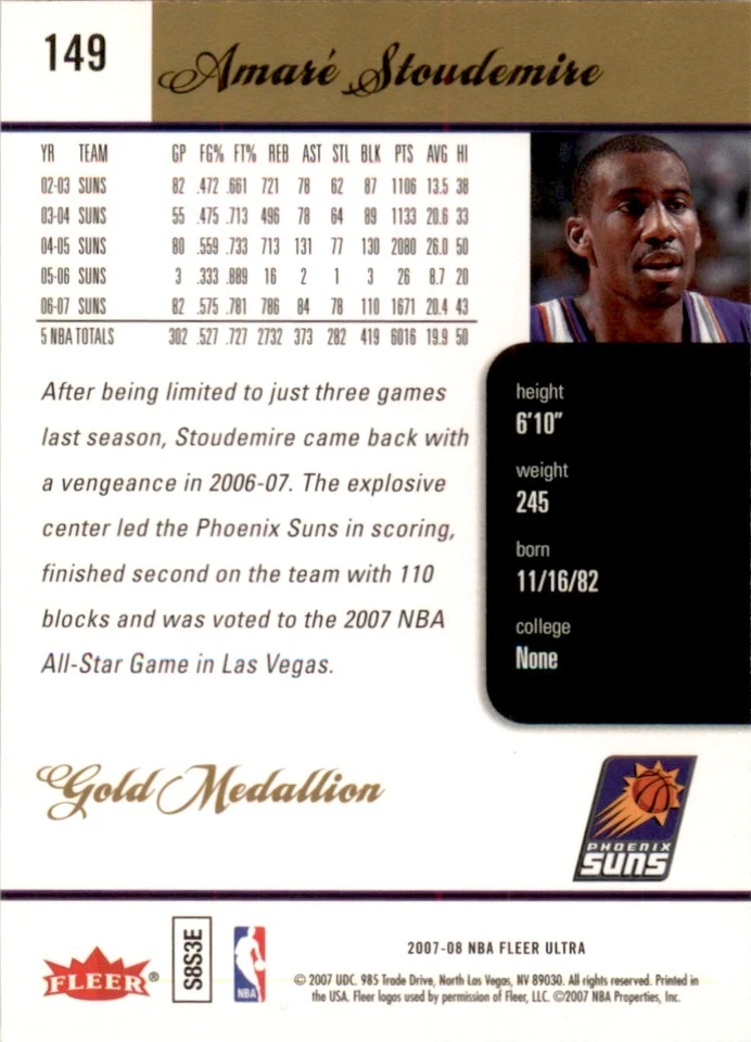 2007 Ultra Gold Medallion #149 Amare Stoudemire Phoenix Suns - Image 2 of 2
