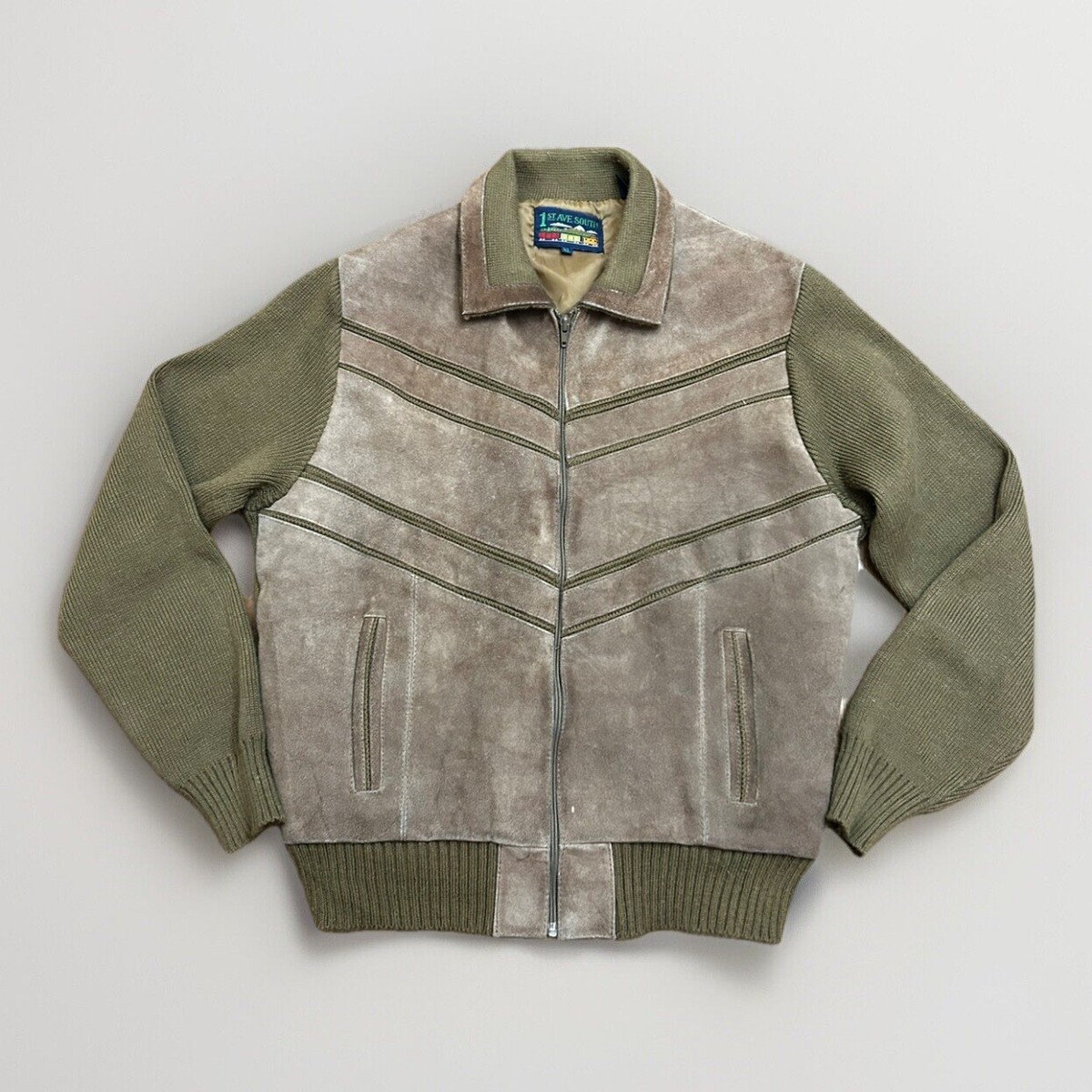 Vintage Leather Suede Knitted Sweater Full Zip Jacket