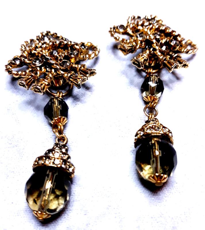 Rare "Heidi Daus" for Jim Walters Smoky Glass Dangle Clip Earrings Gorgeous! #28