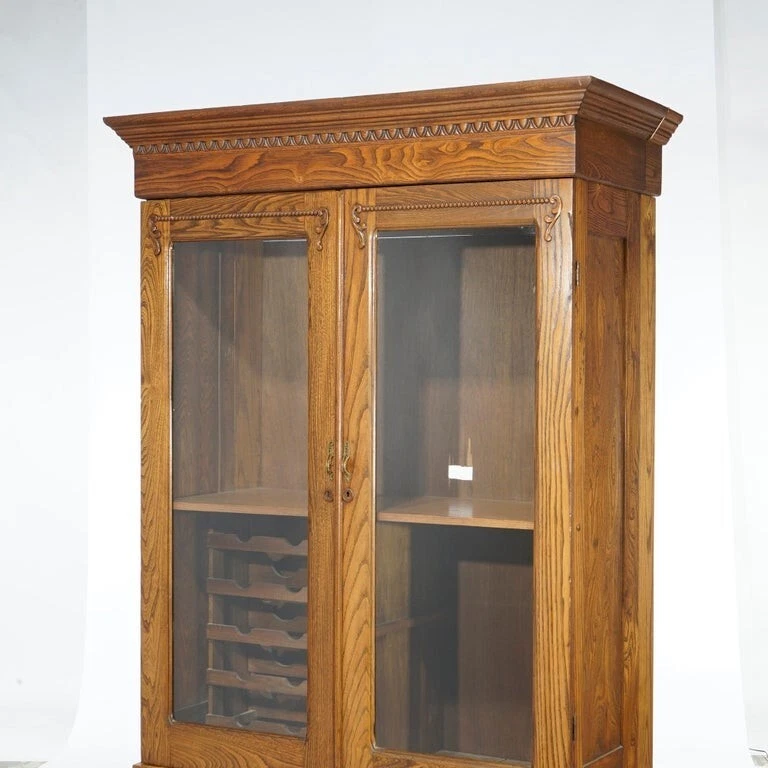 Antique Carved Oak Double Door Bookcase with Wine Rack c1920 - Image 4 of 4