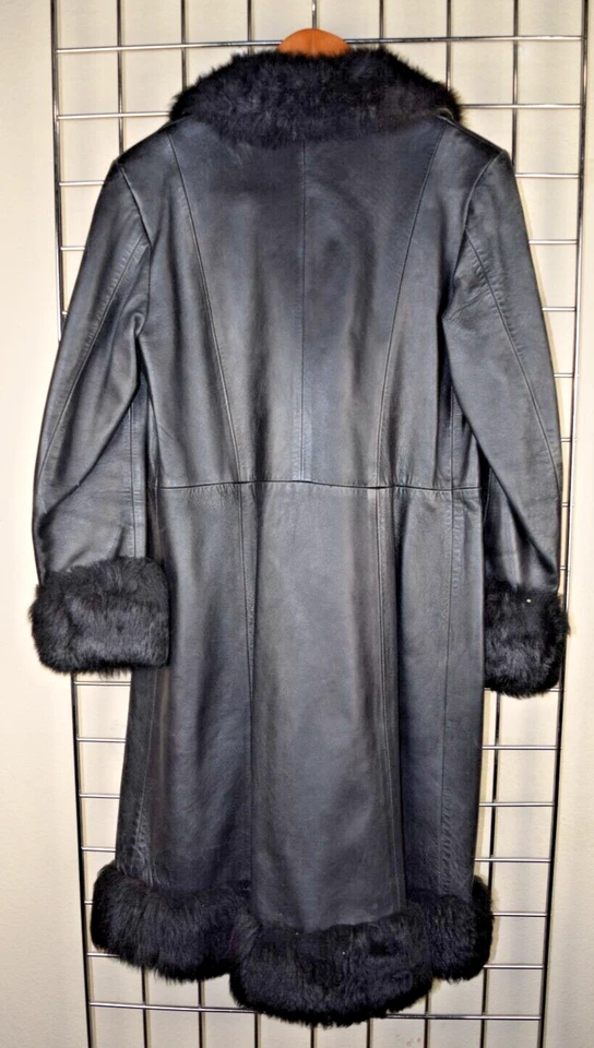 Vintage Leather Long Coat Herber Size S/M 80s Black Faux Fur Trim Made Spain - Image 2 of 4