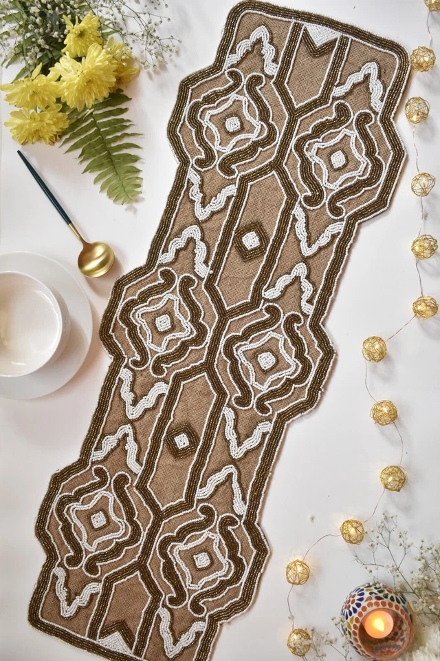 White Copper Beaded Table Runner Burlap Designer Dinning Table Topper 35x13 Inch - Image 2 of 4