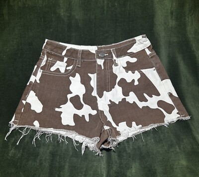Shein Cow Print Denim Raw Hem Shorts  Size XS NWOT