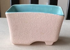 VINTAGE McCoy USA POTTERY Planter Pink Stucko Exterior Blue Gloss Signed