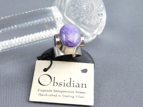 Sz 6 Sterling Silver & Stone Ring Signed Designer Obsidian Brand 13.3 Grams