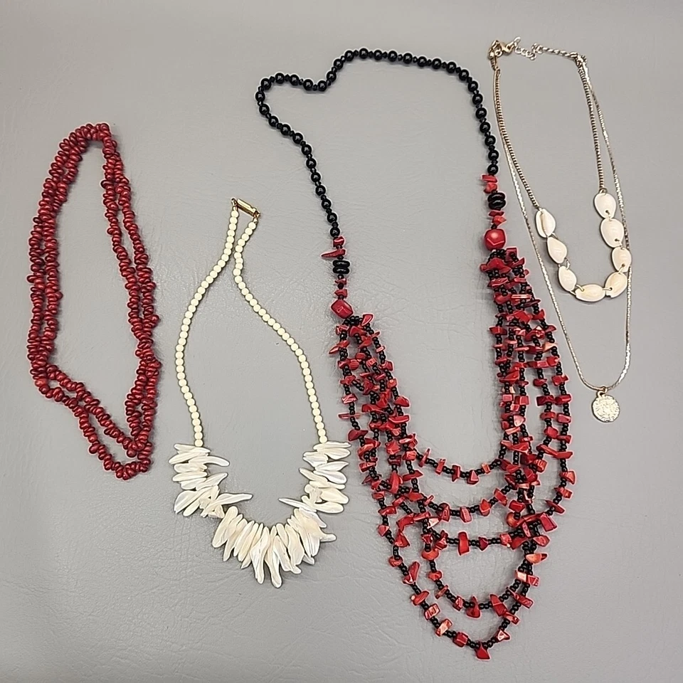 Lote de 4 Collares Concha Coral Rojo Madreperla Cowrie