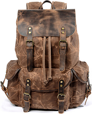 #ad #ad Men Waxed Canvas Leather Backpack Travel Rucksack Camping Hiking School Book Bag