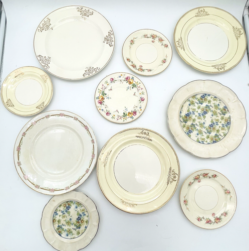 10 Mismatched Vtg Floral Plates Shabby Crazed Decorative Gallery Wall Cottage
