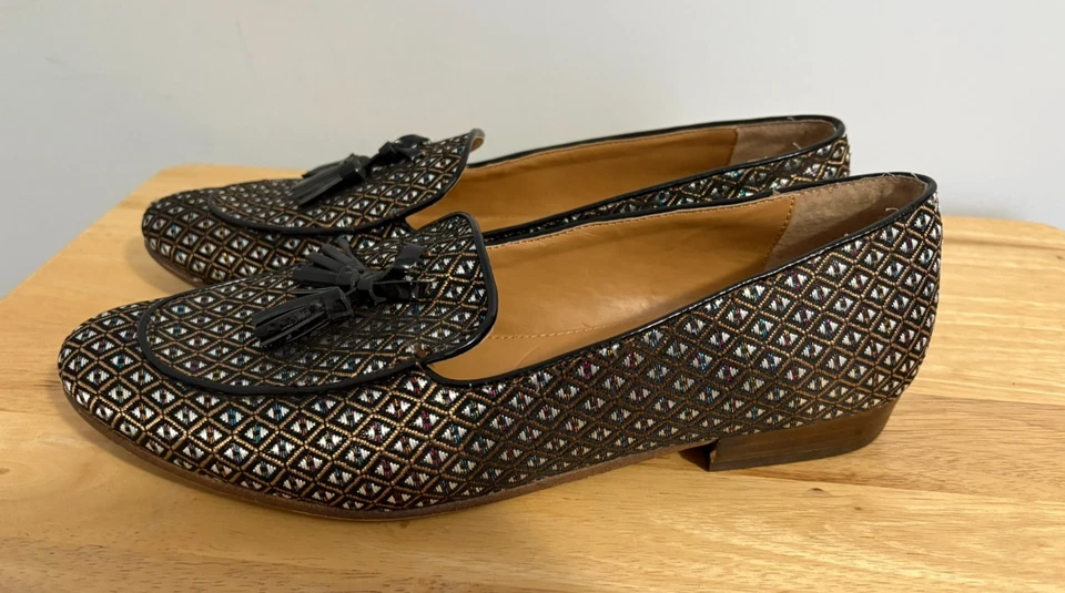 J. Mocasines Crew Jacquard Borla Negro Dorado Patrón Geométrico Talla 9 Dinero Antiguo Foto 3 de 4