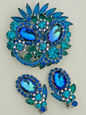 Vtg D&E Juliana Heliotrope Teal Blue & Green Rhinestone Brooch/Pin With Earrings