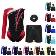 US Girls Athletic Bodysuit with Shorts Gymnastics Leotards Ballet Dance Unitards