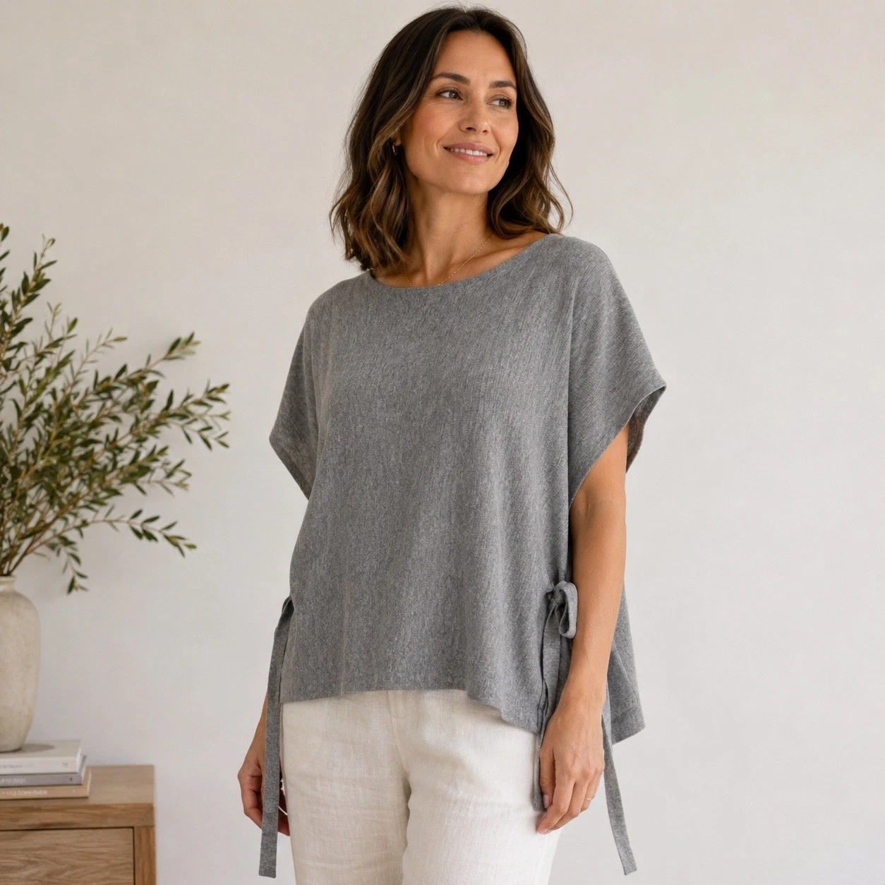 J. Jill Gray Merino Wool Tencel Blend Side Tie Poncho Knit Top One Size