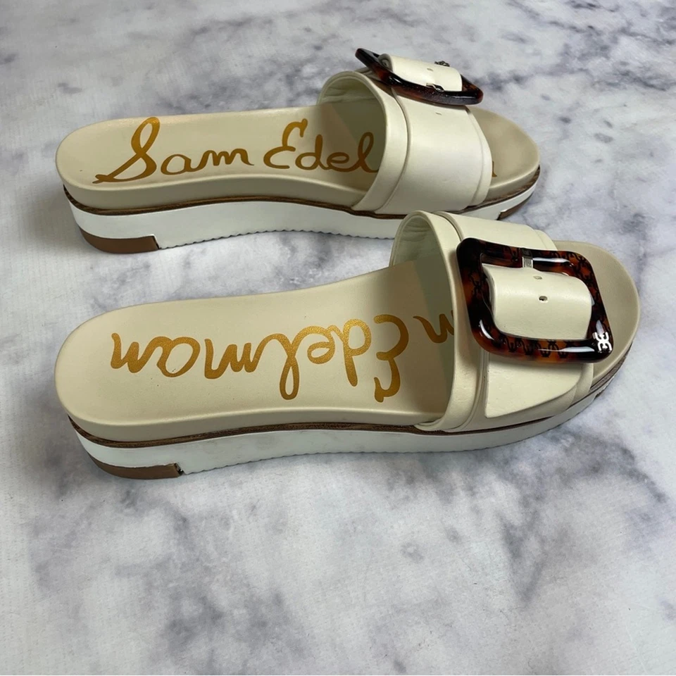 Sam Edelman Ariane Ivory Leather Slide Sandals Tortoise Buckle Sz 9 - Image 3 of 4