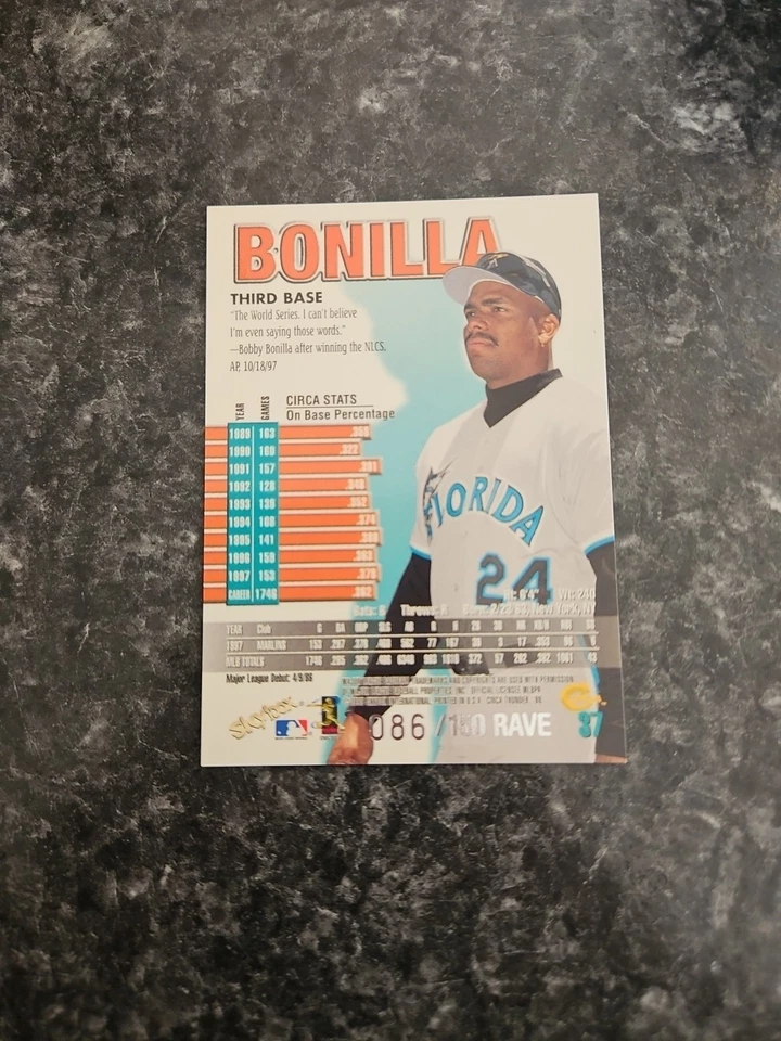 1998 Skybox Circa Thunder Rave Bobby Bonilla # 86/150 Florida Marlins - Image 2 of 2