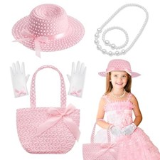 Tradder 5 Pcs Tea Party Hat Accessories Girls Tea Party Gloves Fascinator Pink