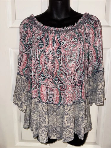 KORI America Boho Peasant Tunic Top Bell Sleeves Paisley Print Size Large