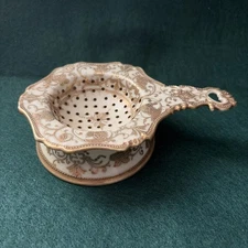 Antique Hand Painted Tea Strainer w/ Base ~ Morimura Gold Encrusted ~ Nippon (?)