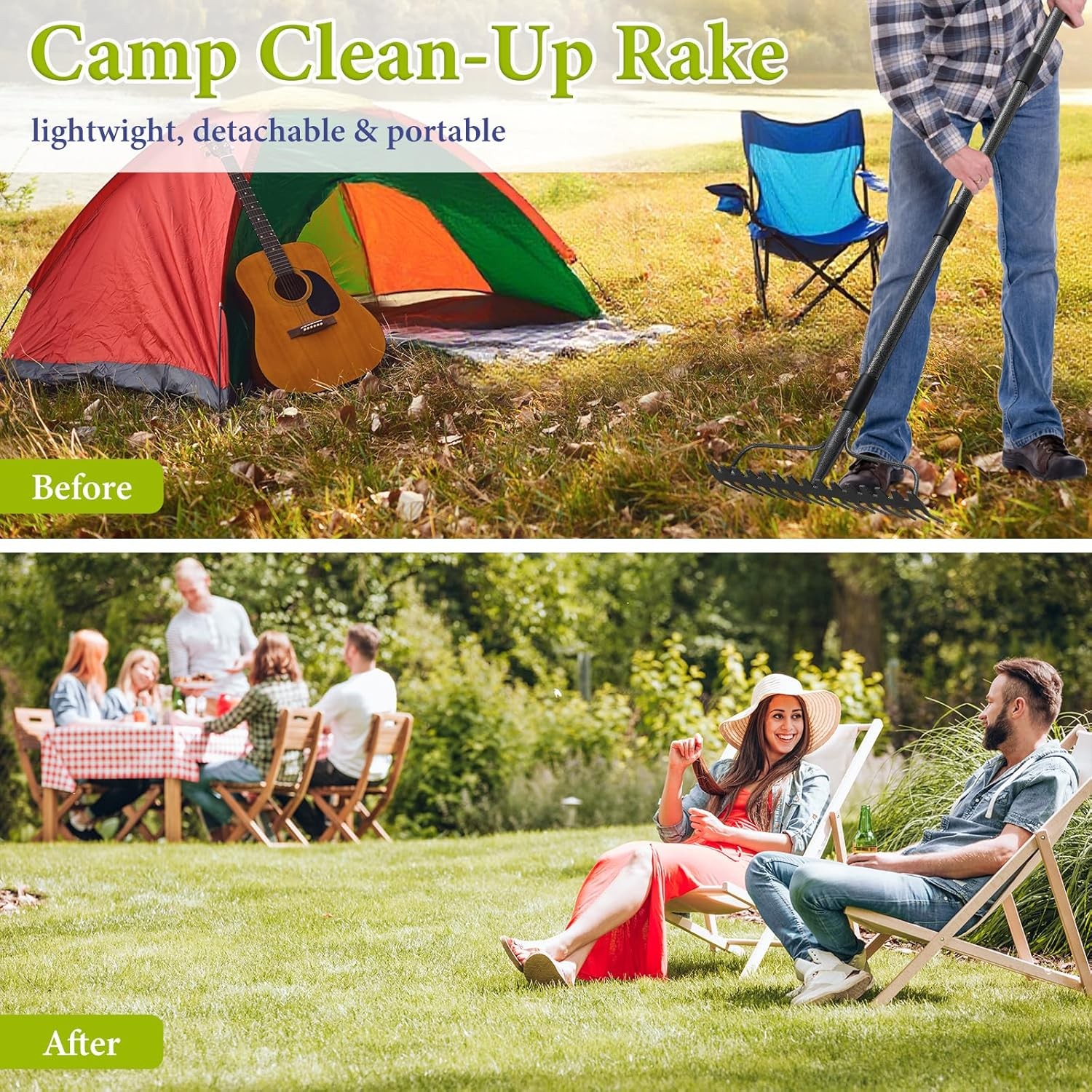 Adjustable Bow Rake Heavy Duty, Dual-Sided Steel Garden Rake Tool for Gathering 