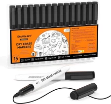 Shuttle Art 15-Pack Black Magnetic Fine Point Dry Erase Markers for Whiteboards