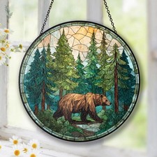 Bear Stained Glass Suncatcher for Window, Rustic Forest Decor with Wildlife Bear