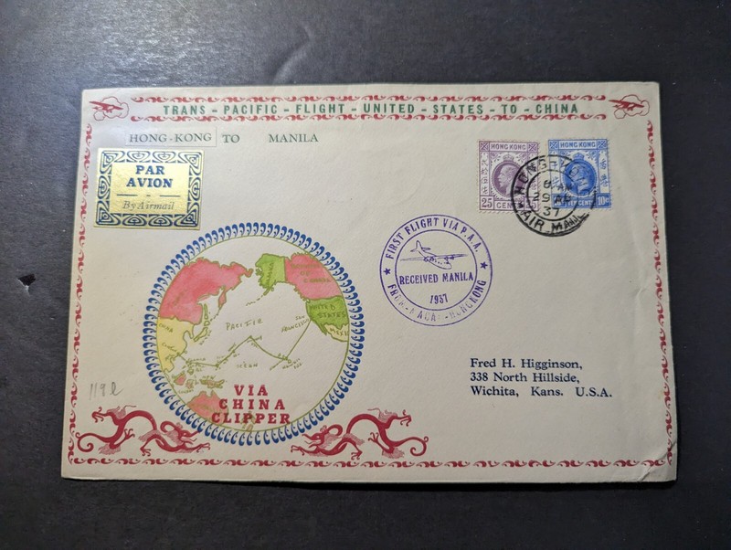 1937 Hong Kong Airmail First Flight Cover FFC to Wichita KS USA 2