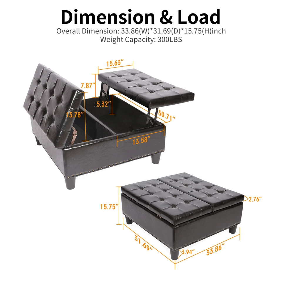 34'' Large Storage Ottoman Square Lift Top Tufted Bench Upholstered Coffee Table - Image 4 of 4