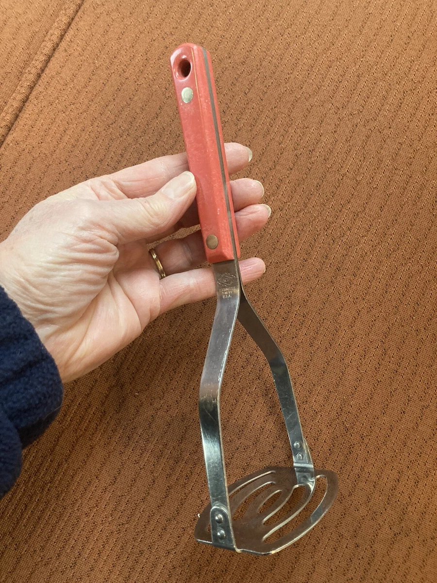 Vintage Ace Stainless Steel Slotted Potato Masher Coral Pink Handle