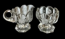 Vintage Clear Glass Footed Creamer & Open Sugar Bowl Set Floral Etched