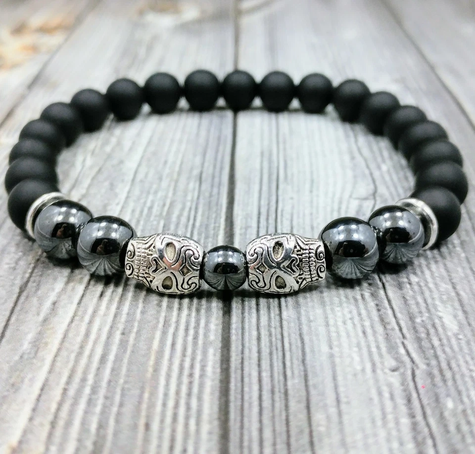Brazalete de plata con cuentas de piedras preciosas de ónix + hematita 8 mm calaveras de azúcar mexicanas de 8" L Foto 4 de 4