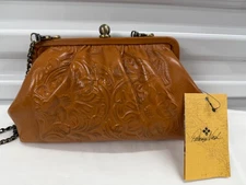 Patricia Nash EALING Leather Frame Crossbody Bag Cognac TOOLED SMALL PURSE