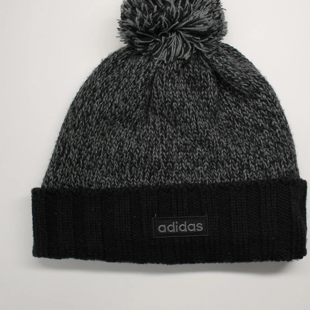 Adidas gray black cuff fleece lined winter pom-pom cap rectangle logo front