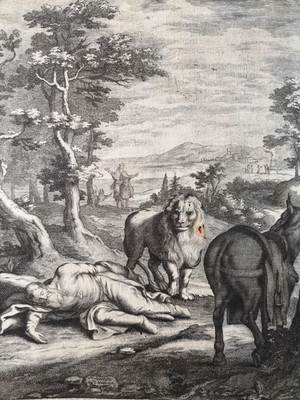 Kupferstich von 1672. Der ungehorsame Prophet (1.Kön. 13). Johann Georg Waldreic