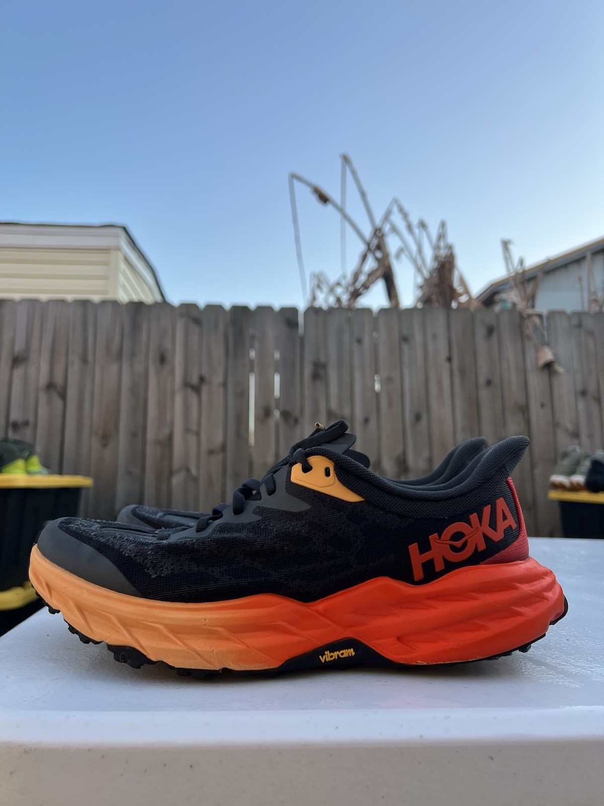 Men’s HOKA Black Red Orange SpeedGoat 5 Running Shoes Size 9.5
