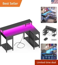 47" Reversible L-Shaped Desk with LED Lights & USB Outlets - Carbon Fiber Black