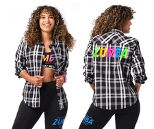 Zumba In Motion Button Down Shirt - Bold Black Plaid ~ Small ~ New! Free Ship!