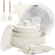 10 pcs Pots and Pan Set Non Stick with Detachable Handle, Ceramic Cookware Se...