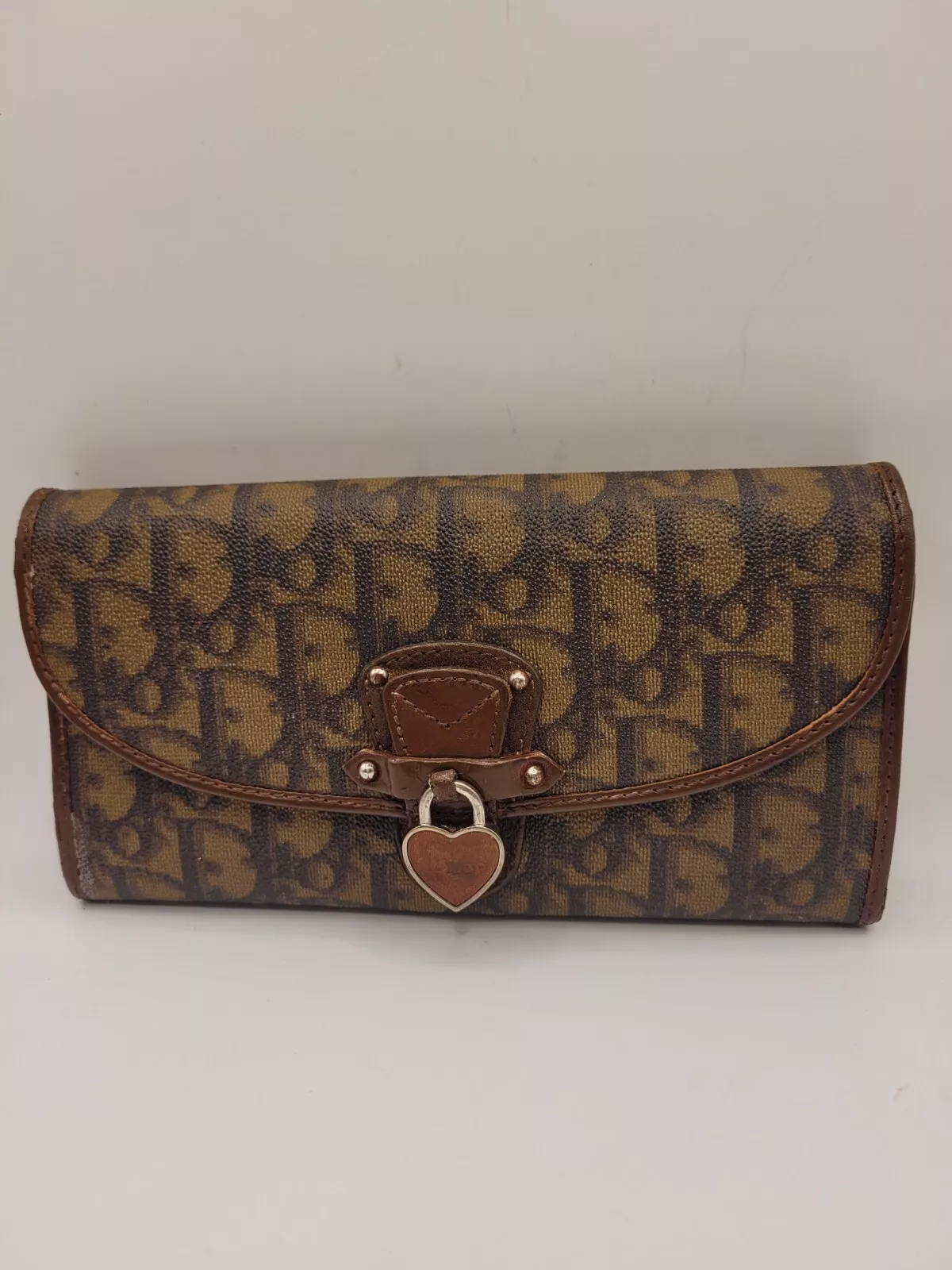 Portefeuille long Christian Dior trotteur toile PVC marron coeur vintage