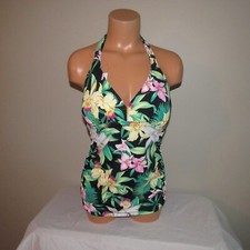 Tommy Bahama Orchid Garden Rev Loop Halter Tankini Swim Top Black Multi S NWOT