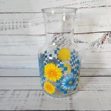Anchor Hocking Yellow Blue Daisy Flowers Glass Carafe Pitcher No Lid