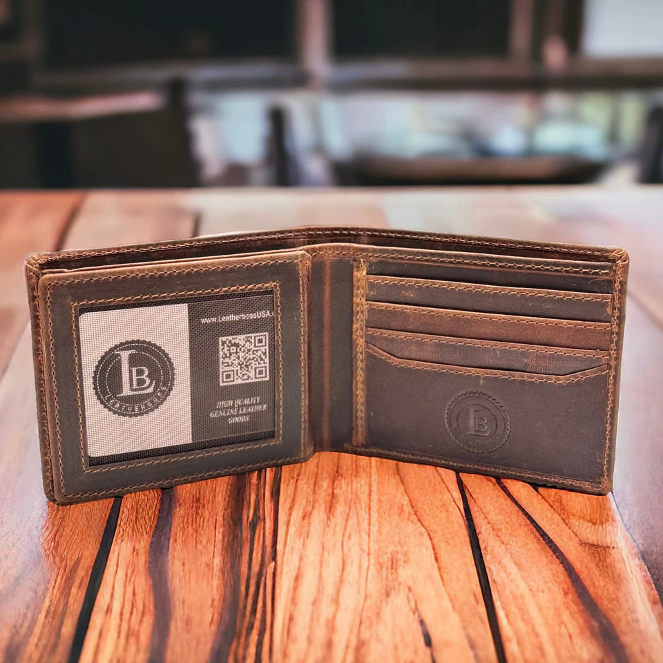 Cartera con solapa central plegable de cuero marrón vintage con bloqueo RFID para hombre Foto 4 de 4