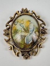 Beautiful VTG Gold Brooch Pin Hand Painted on Porcelain Blue Birds SIGNED JKC