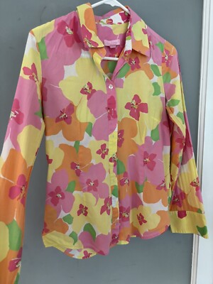 Lilly Pulitzer Sz 4 Floral Print Button Down Front Shirt xs Hottie Pink Punch