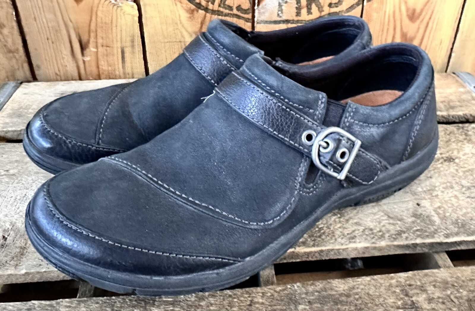 Zoccoli scarpe Merrell in pelle nera J69078 fibbia Dassie slip on donna 7