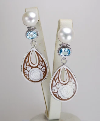Boucles d’Oreilles En Argent 925 Avec Perle, Topaze Et Camée Sardonique - Photo 1/3