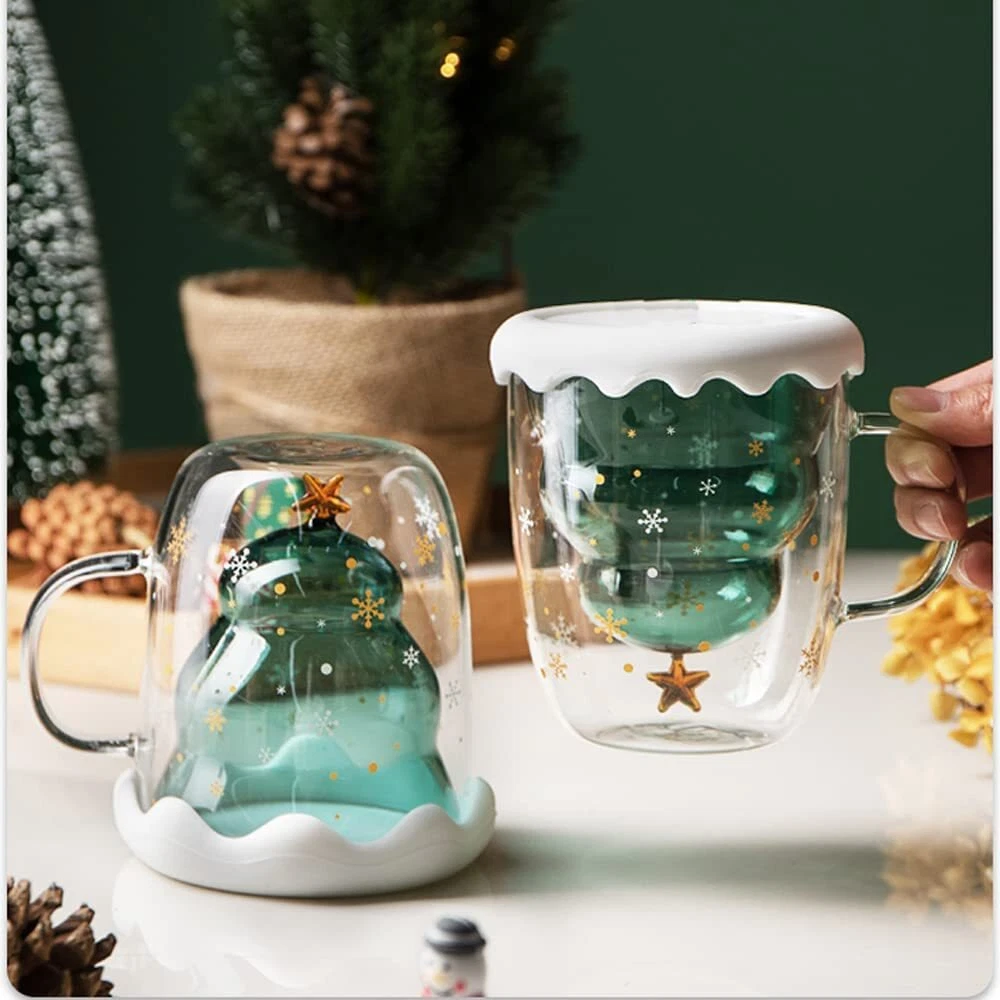 Cute Coffee Layer Glass with Cup Lid for Christmas D Mug Tea Cup Milk Cup  Double