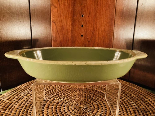 Hull Pottery Avocado Green Drip Oval Au Gratin Baking Dish Casserole Vintage*VGC
